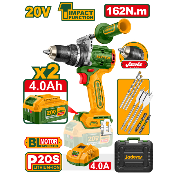 Taladro Percutor 13mm BL. 162Nm 2x Bat. 20V 4Ah (M) Jadever JDCDP16281