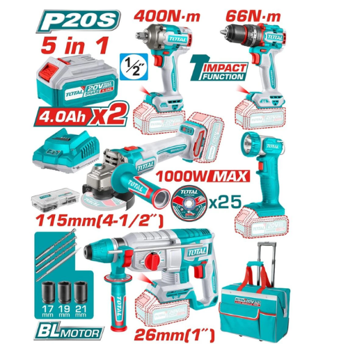 Combo Inalambrica Motor sin Escobillas 20v 5pcs Total Tckli20592
