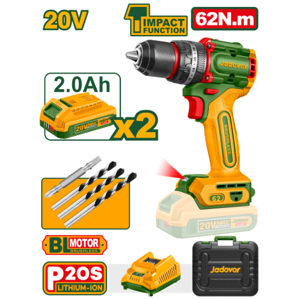 Taladro Percutor 13mm BL. 62Nm 2x Bat. 20V 2Ah (Compact) (M) Jadever JDCDP6281