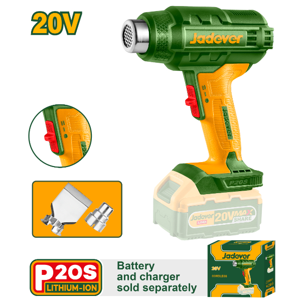 Pistola de calor inalambrica 20V (300-550C). Sin Bat. Jadever Caja JDKH1501