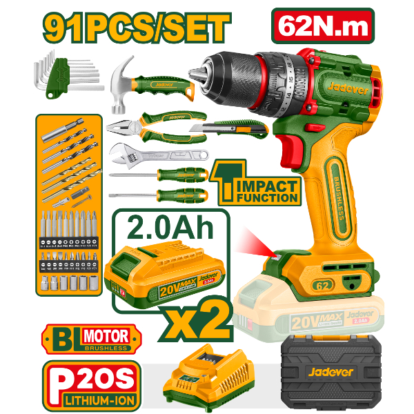 Juego de 91 pzas + Taladro Percutor 62Nm 20V. (M) Jadever JDDT4B91