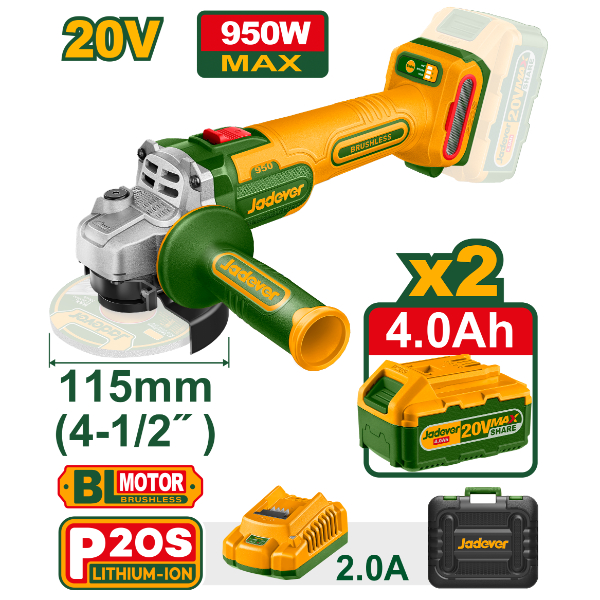Amoladora 115mm BL. (950W) 2x Bat 20V 4.0Ah (M) Jadever JDLAP5322